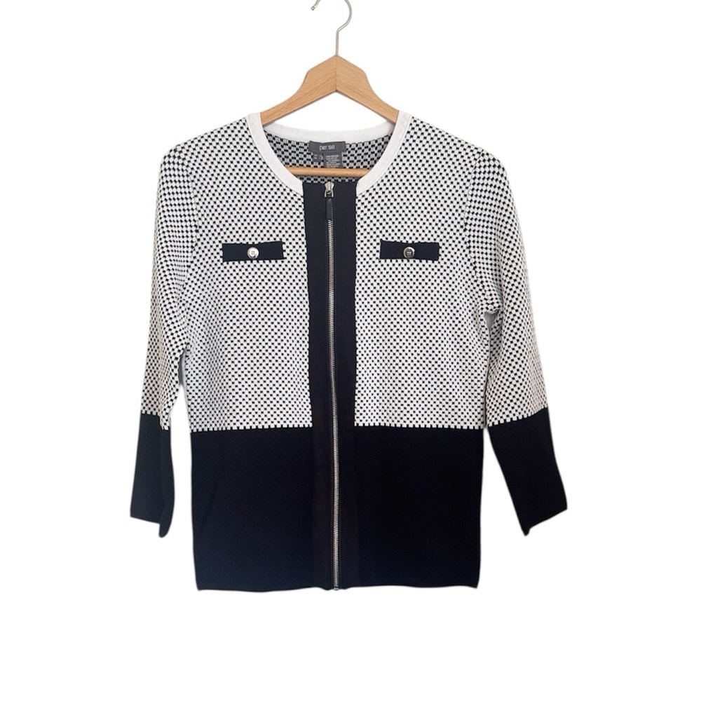 Per se Womens White Black Knit Textured Front Zip Casual Office Cardigan size L